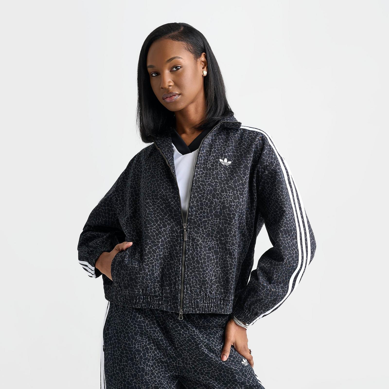 Women's adidas Originals Allover Print Firebird Oversized Track Jacket - Black/Grey Six - view 3