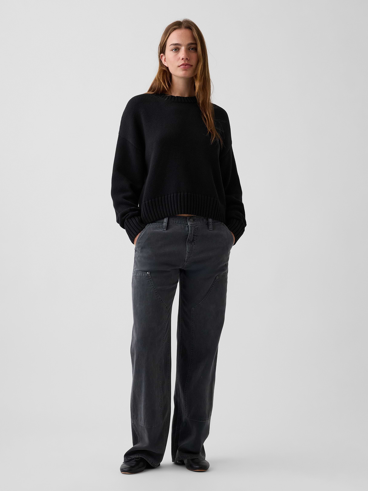 100% Cotton Oversized Crop Sweater - Basic black