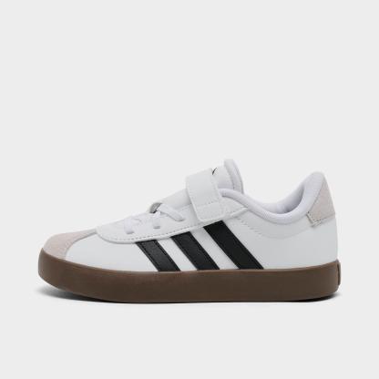 Little Kids' adidas VL Court 3.0 Hook-And-Loop Casual Shoes - Cloud White/Core Black/Grey One - Left shoe facing left. Outside of the shoe.