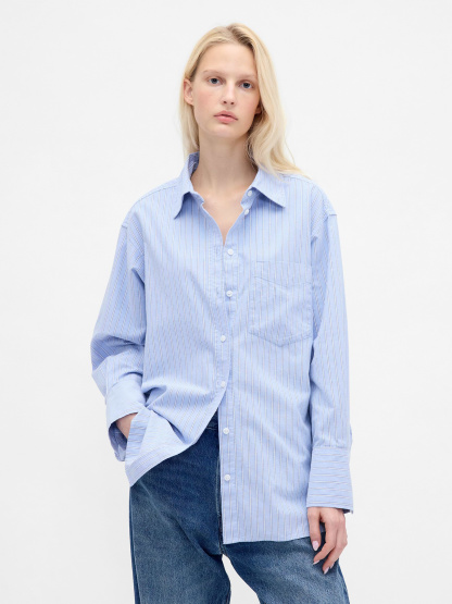 Organic Cotton Poplin Stripe Big Shirt - Blue stripe