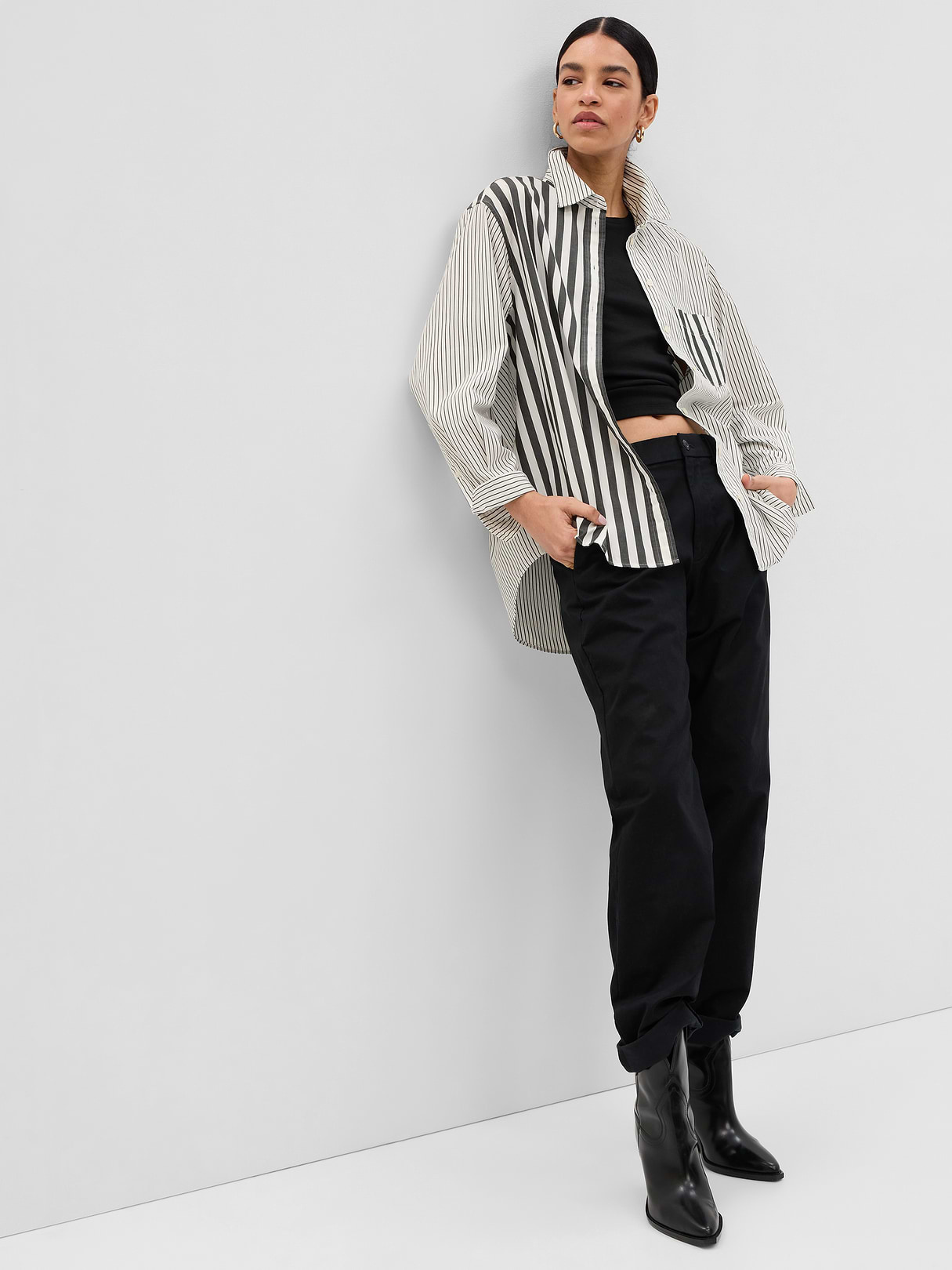 Organic Cotton Poplin Stripe Big Shirt - black & white stripe