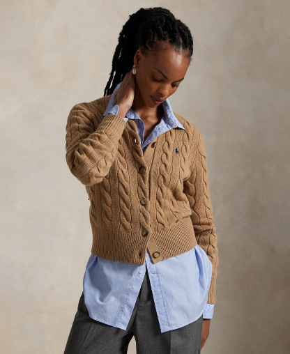 Polo Ralph Lauren Women's Cable-Knit Wool-Cashmere Cardigan Sweater - Collection Camel Melange