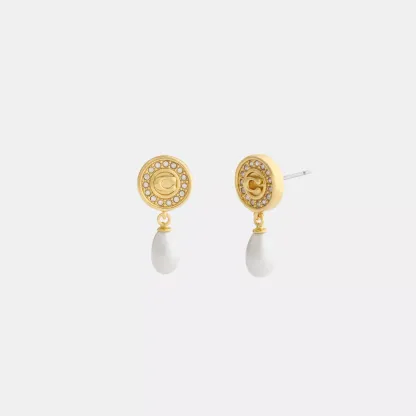 Signature Pavé Coin Pearl Drop Earrings - Gold/Pearl