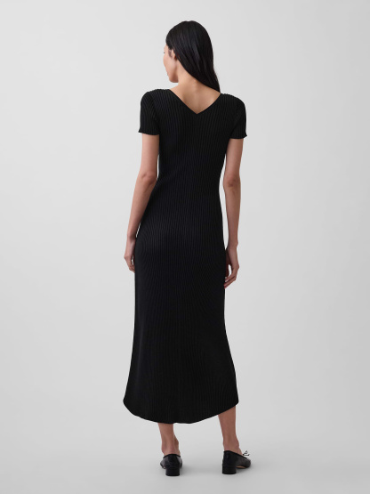 100% Cotton Rib Sweater Maxi Dress - True black