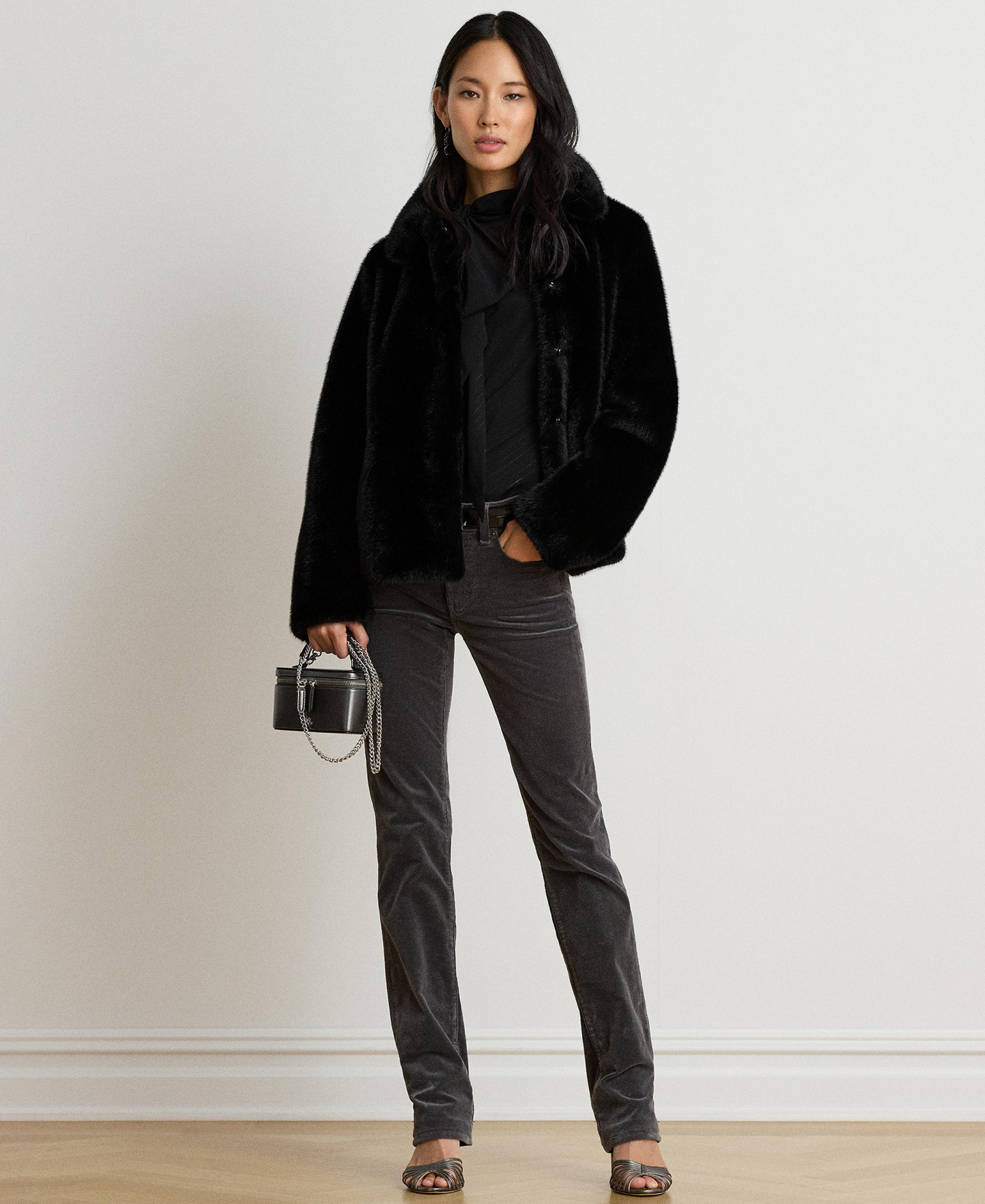 Lauren Ralph Lauren Women's Faux-Fur Collared Lined Coat - Black