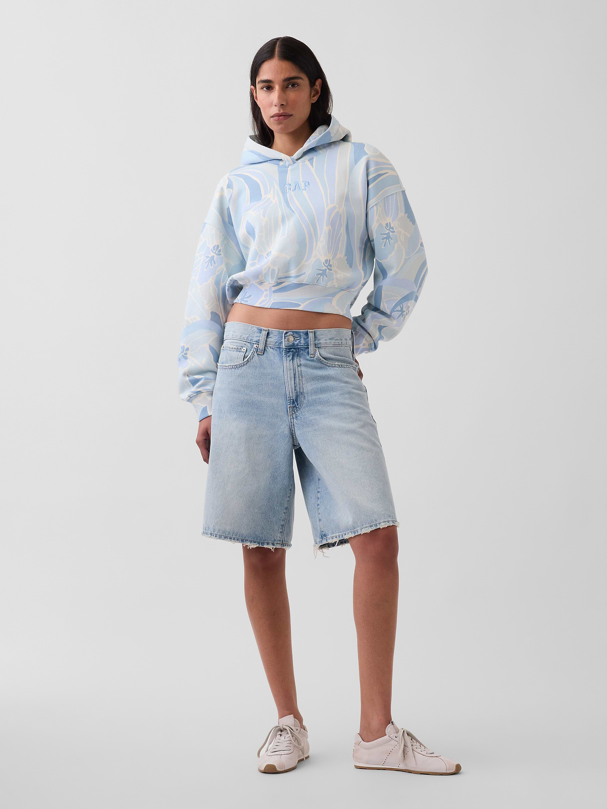 VintageSoft Crop Logo Hoodie - Blue print