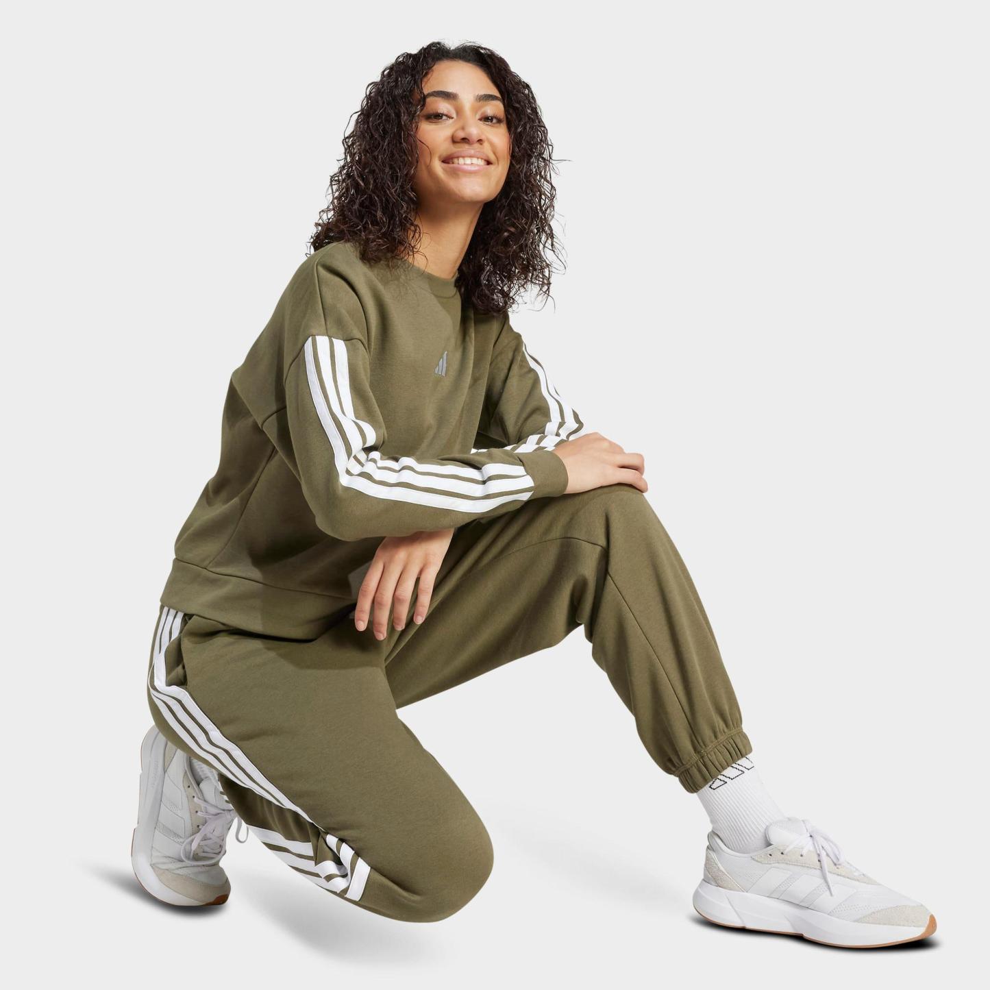 Women's adidas Essentials 3-Stripes Fleece Loose Pants - Olive Strata/White
