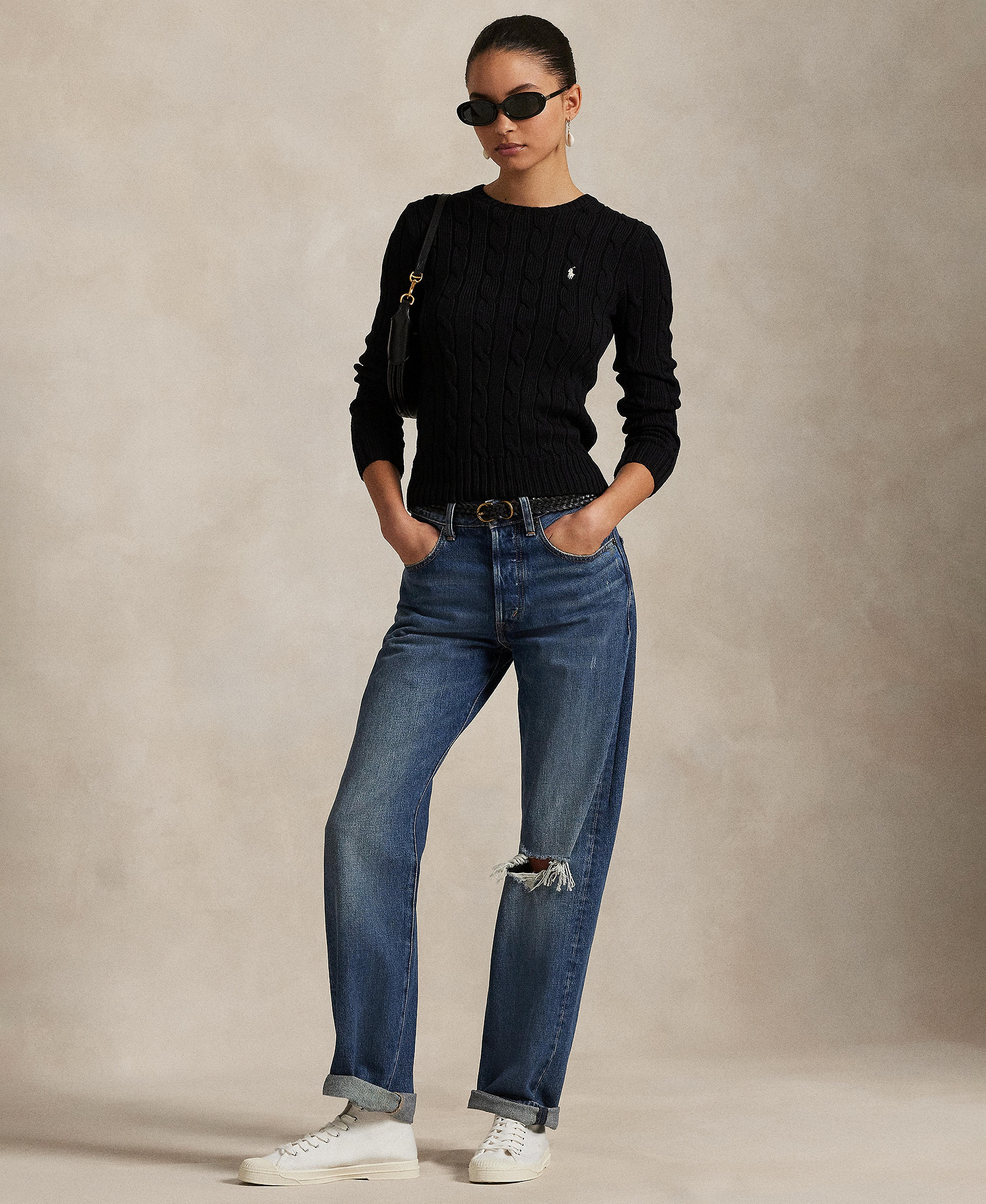 Polo Ralph Lauren Women's Cable-Knit Cotton Crewneck Sweater - Polo Black/White