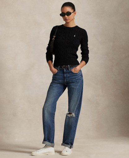Polo Ralph Lauren Women's Cable-Knit Cotton Crewneck Sweater - Polo Black/White