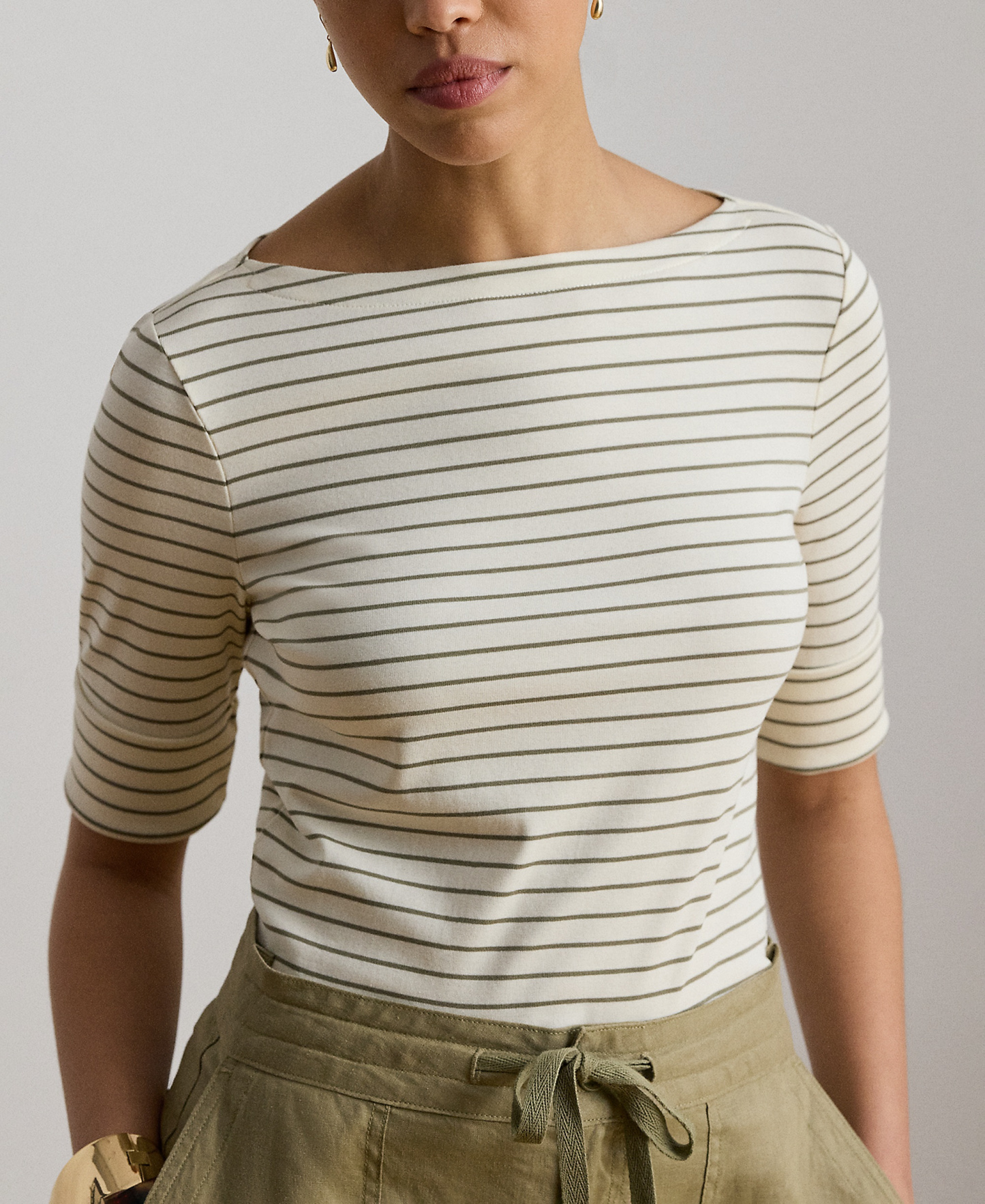 Lauren Ralph Lauren Women's Striped Boat Neck Top - Mas Cream/Light Agave