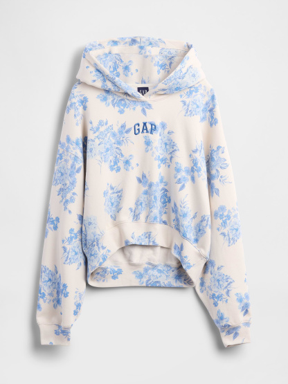 VintageSoft Crop Logo Hoodie - Blue floral print
