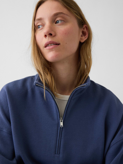 Textured Cotton Oversized Half-Zip Pullover - Blue