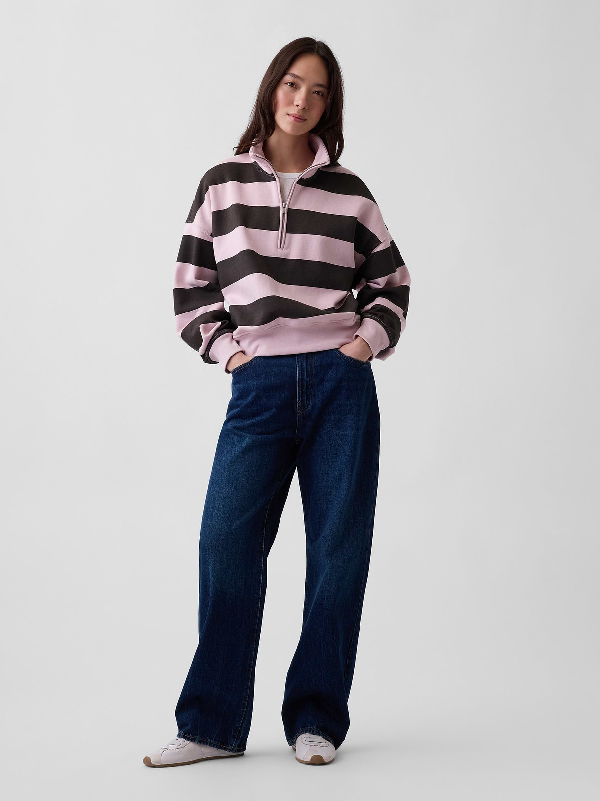 VintageSoft Oversized Half-Zip Wedge Pullover - Pink stripe