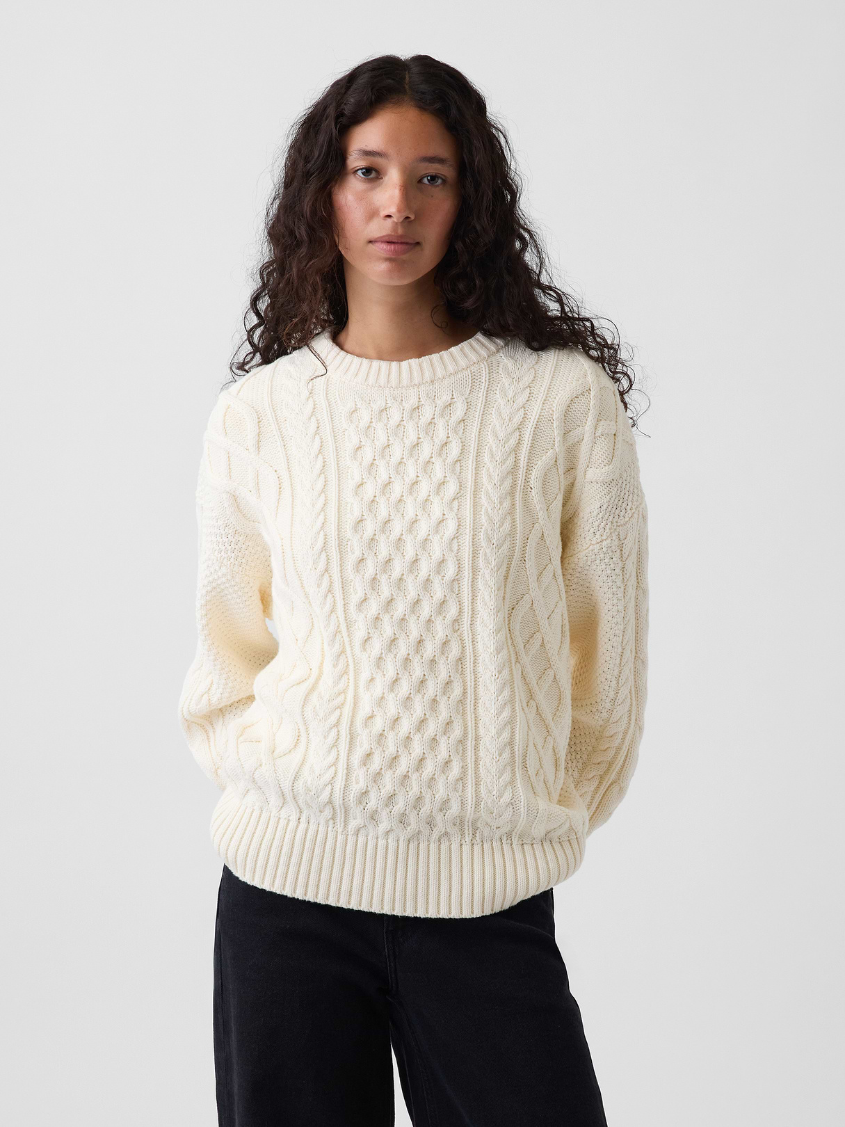 100% Cotton Cable-Knit Oversized Sweater - Ivory beige frost