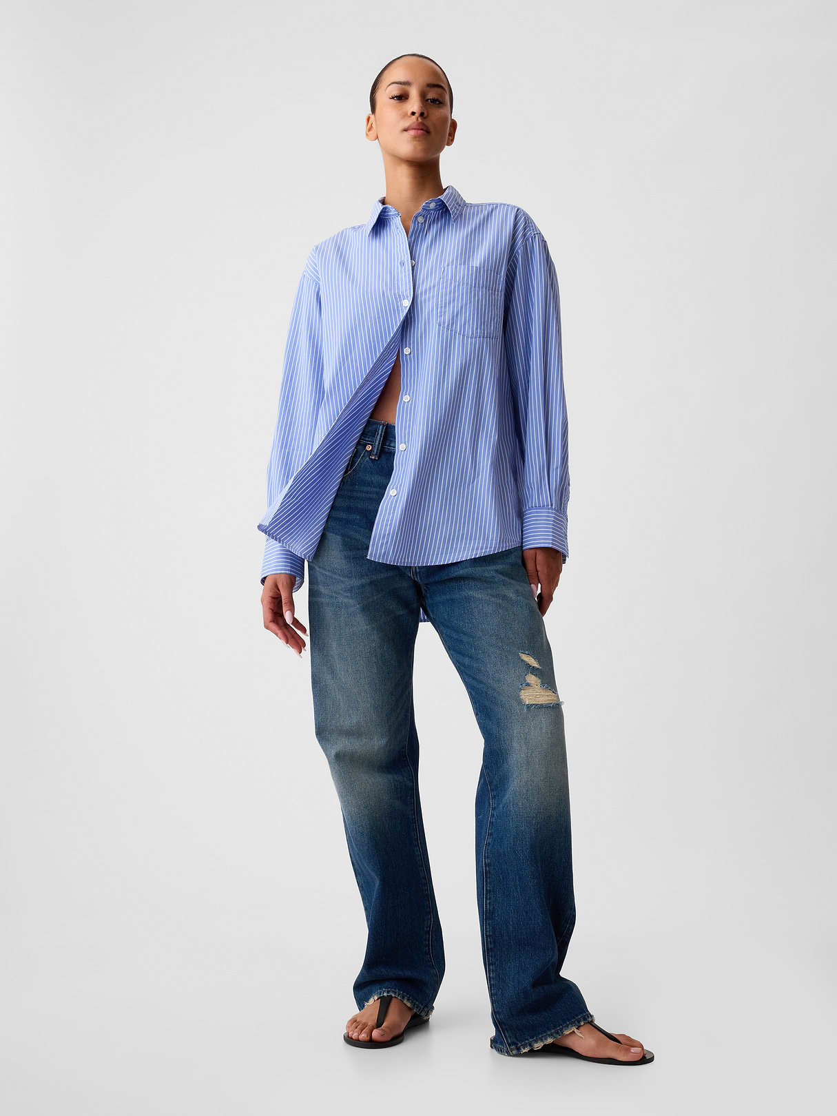 Organic Cotton Poplin Stripe Big Shirt - New blue & white stripe