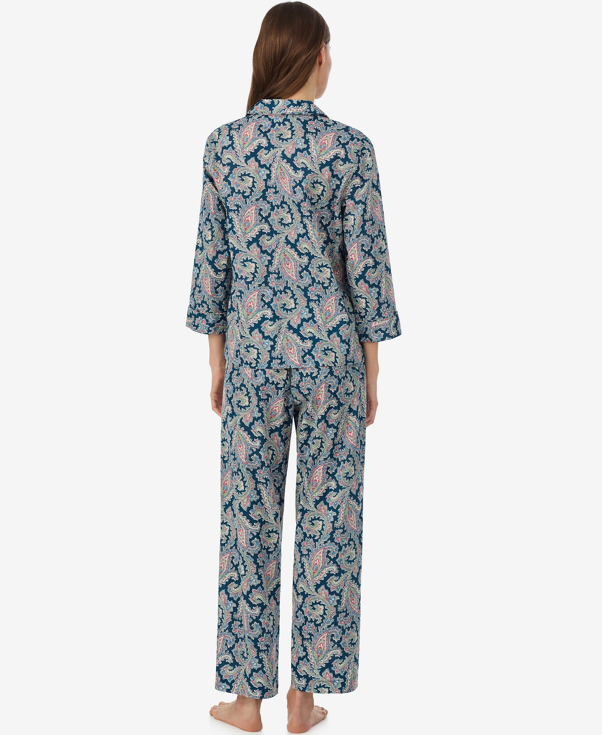 Lauren Ralph Lauren Women's Notch Collar Top and Ankle-Length Pajama Pants, 2-Piece Set - Multi Paisley Blue