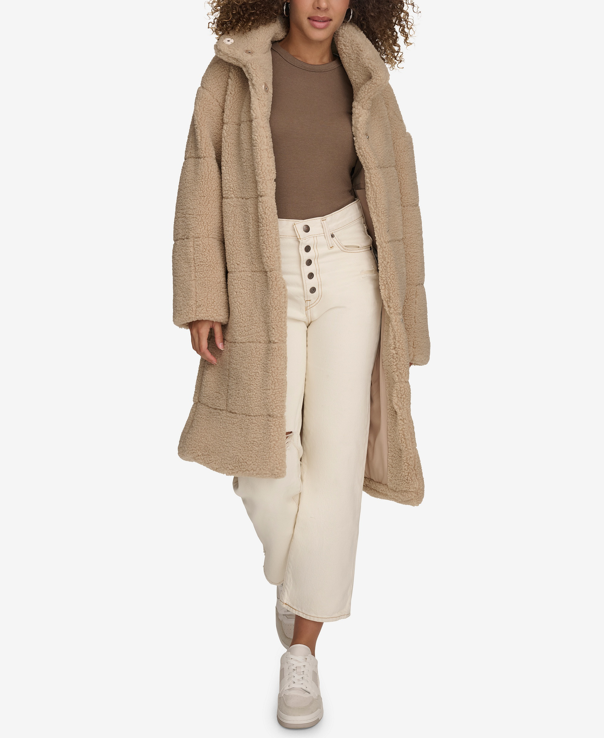 Levi's Women's Long Sherpa Snap-Closure Teddy Coat - Sand