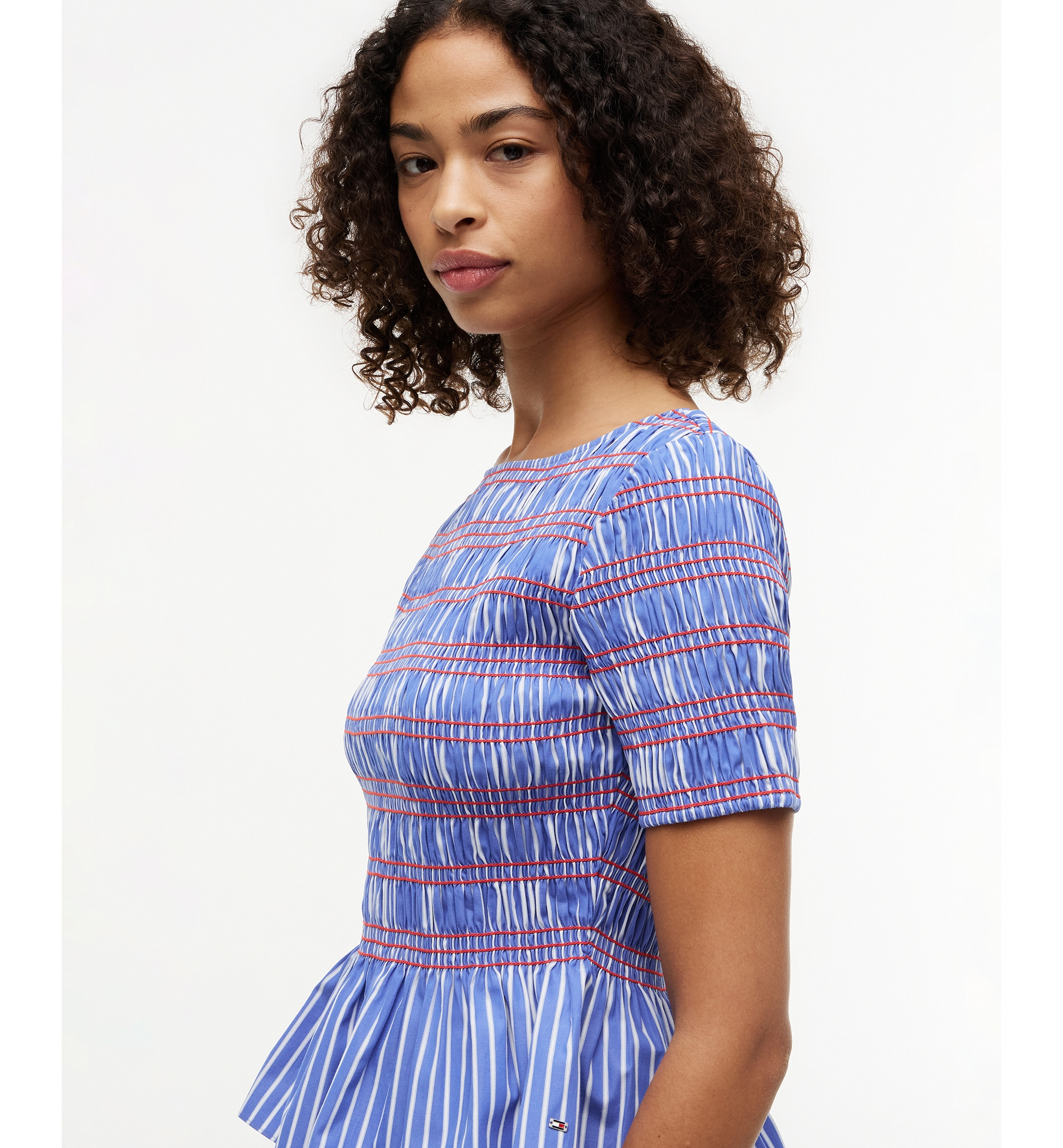 Tommy Hilfiger Women's Smocking Striped Boat Neck Cotton Top - Smocking Stripe