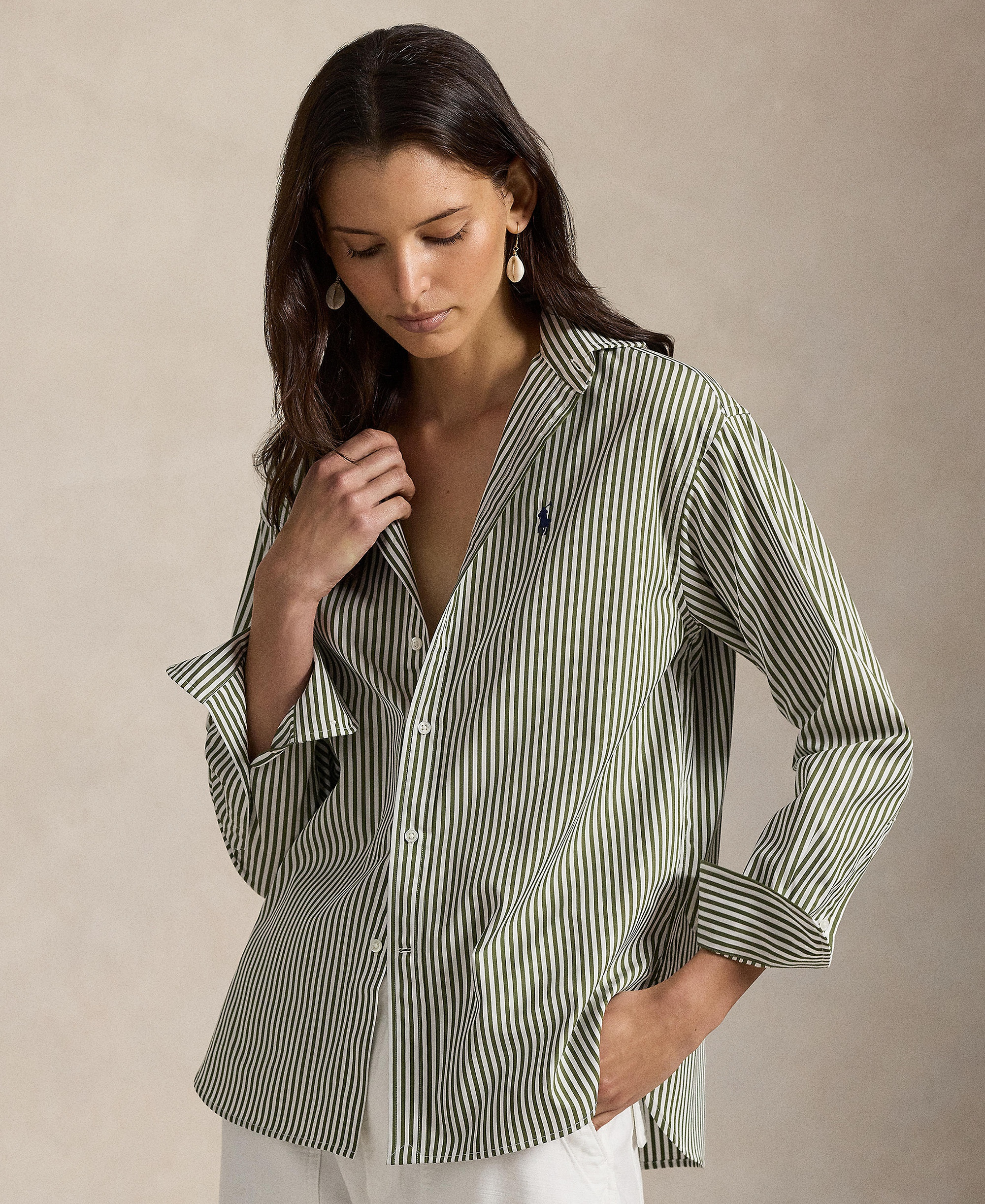 Polo Ralph Lauren Women's Relaxed-Fit Striped Cotton Shirt - Supply Olive/White