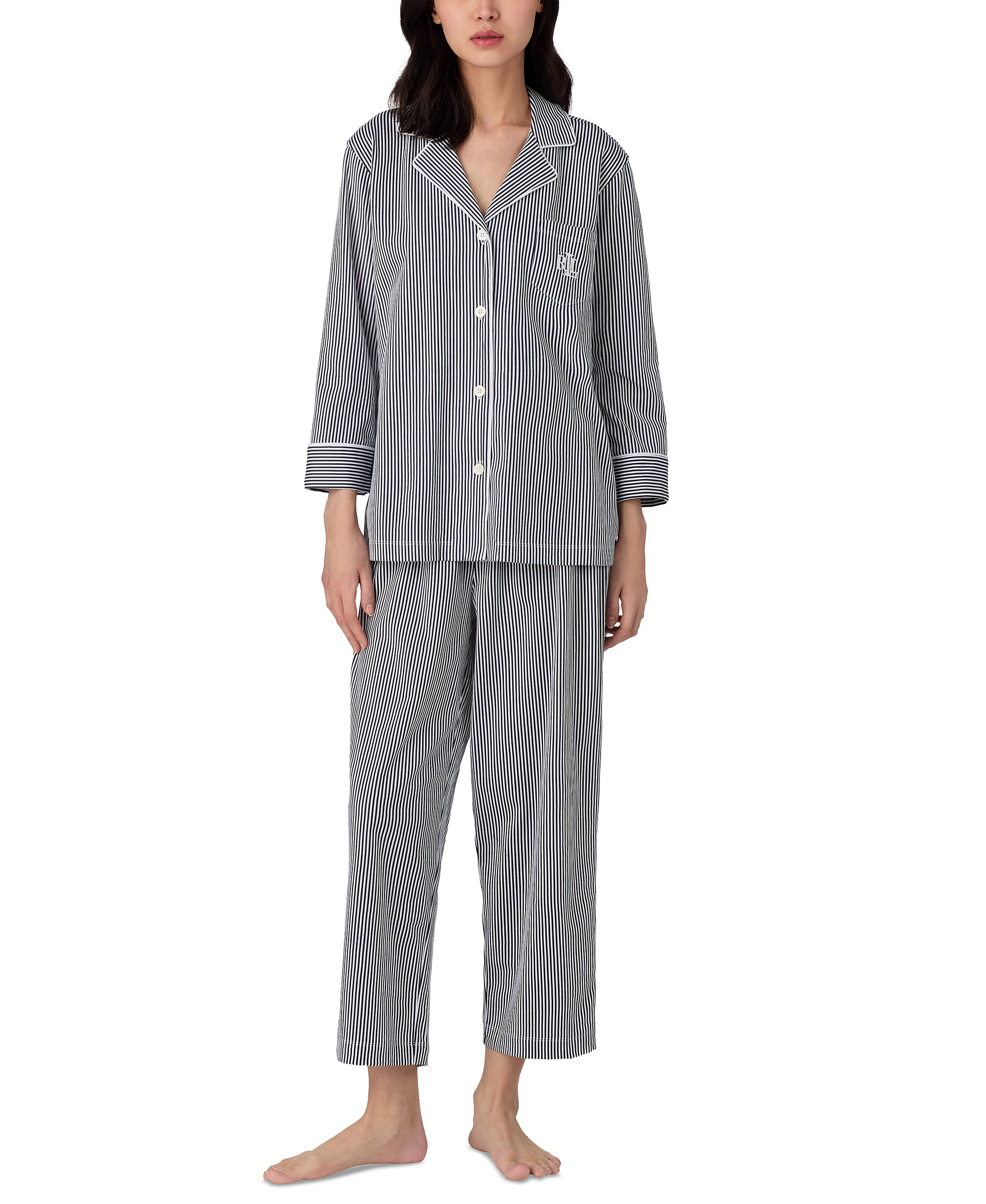 Lauren Ralph Lauren Womens 3/4 Sleeve Cotton Notch Collar Capri Pant Pajama Set - Navy Stripe