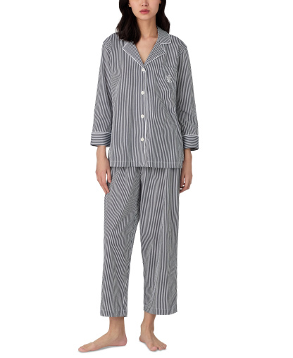 Lauren Ralph Lauren Womens 3/4 Sleeve Cotton Notch Collar Capri Pant Pajama Set - Navy Stripe