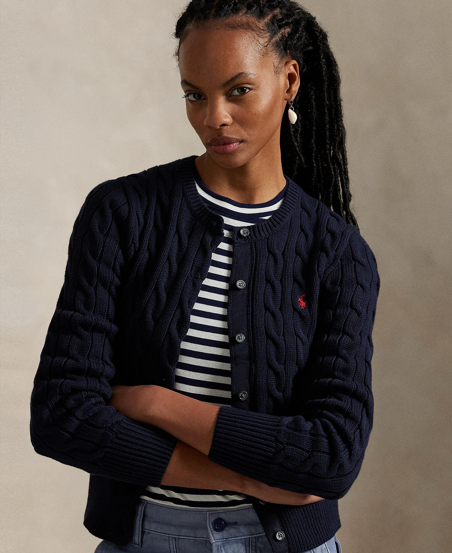 Polo Ralph Lauren Women's Cable-Knit Cotton Crewneck Cardigan Sweater - Hunter Navy