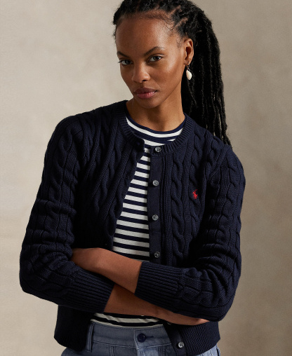 Polo Ralph Lauren Women's Cable-Knit Cotton Crewneck Cardigan Sweater - Hunter Navy