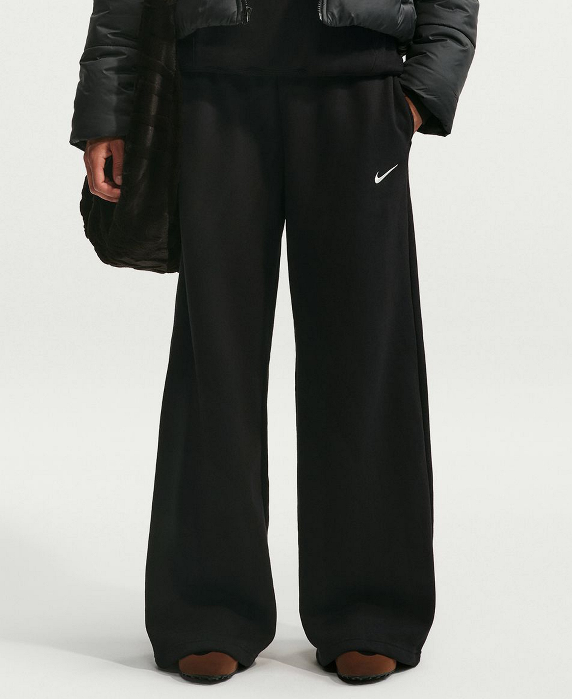Nike Women's Studio Fleece Medium Weight Mid-Rise Wide-Leg Pants - Total Black/Sail
