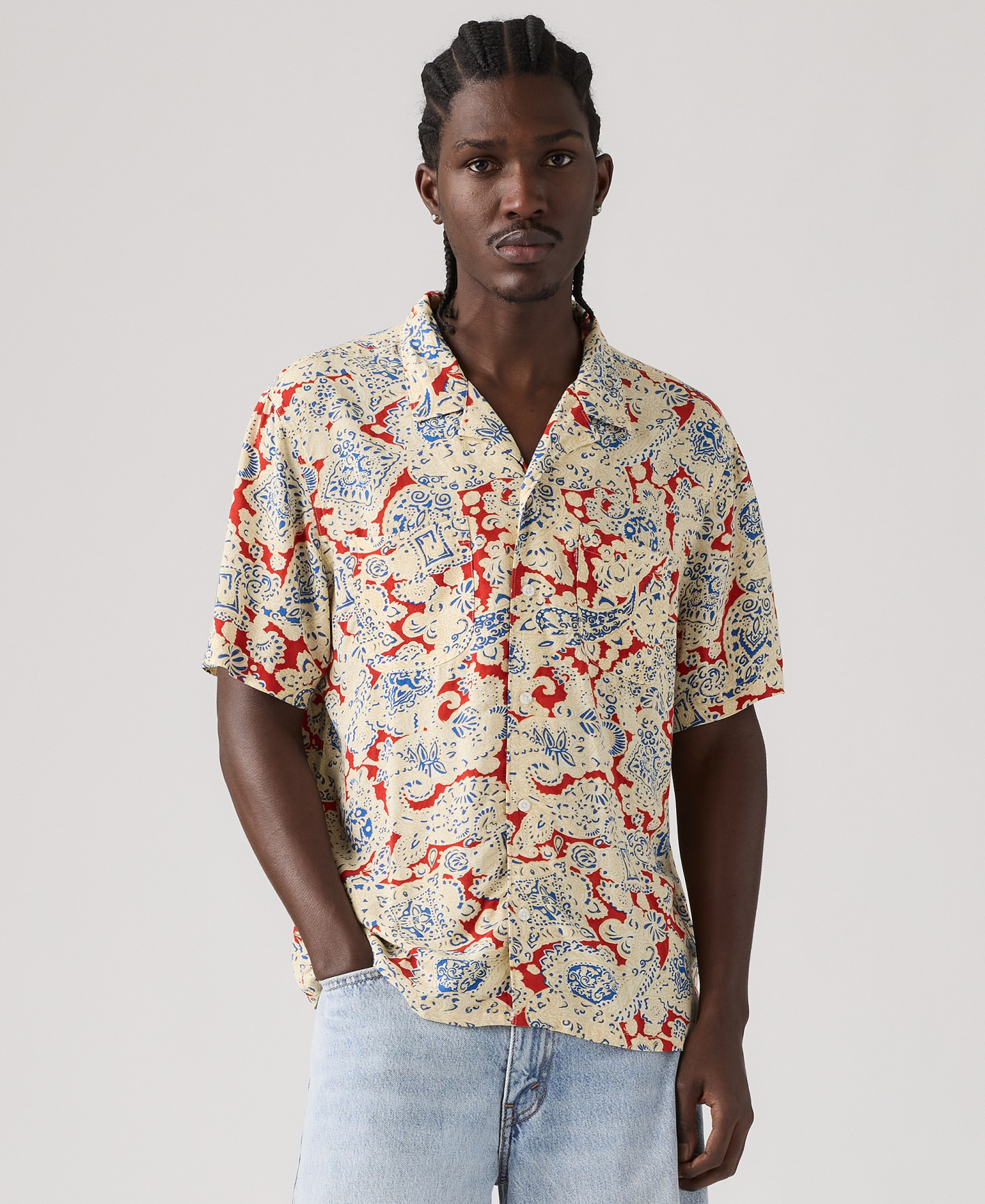 Levi's Men's Relaxed-Fit Camp Collar Shirt - Beige Multi