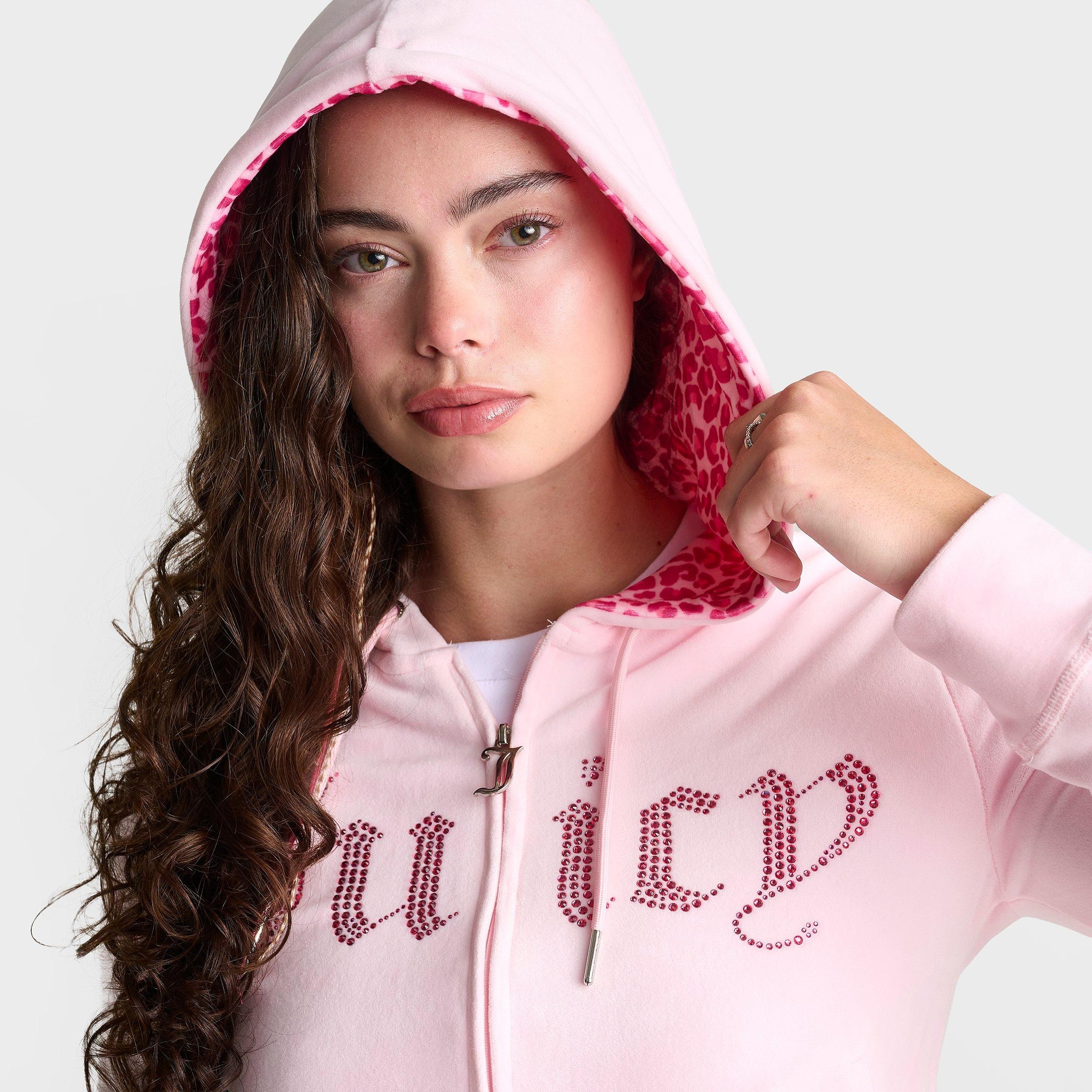 Women's Juicy Couture Bling Front Leopard Print Full-Zip Hoodie - Pink/Leopard