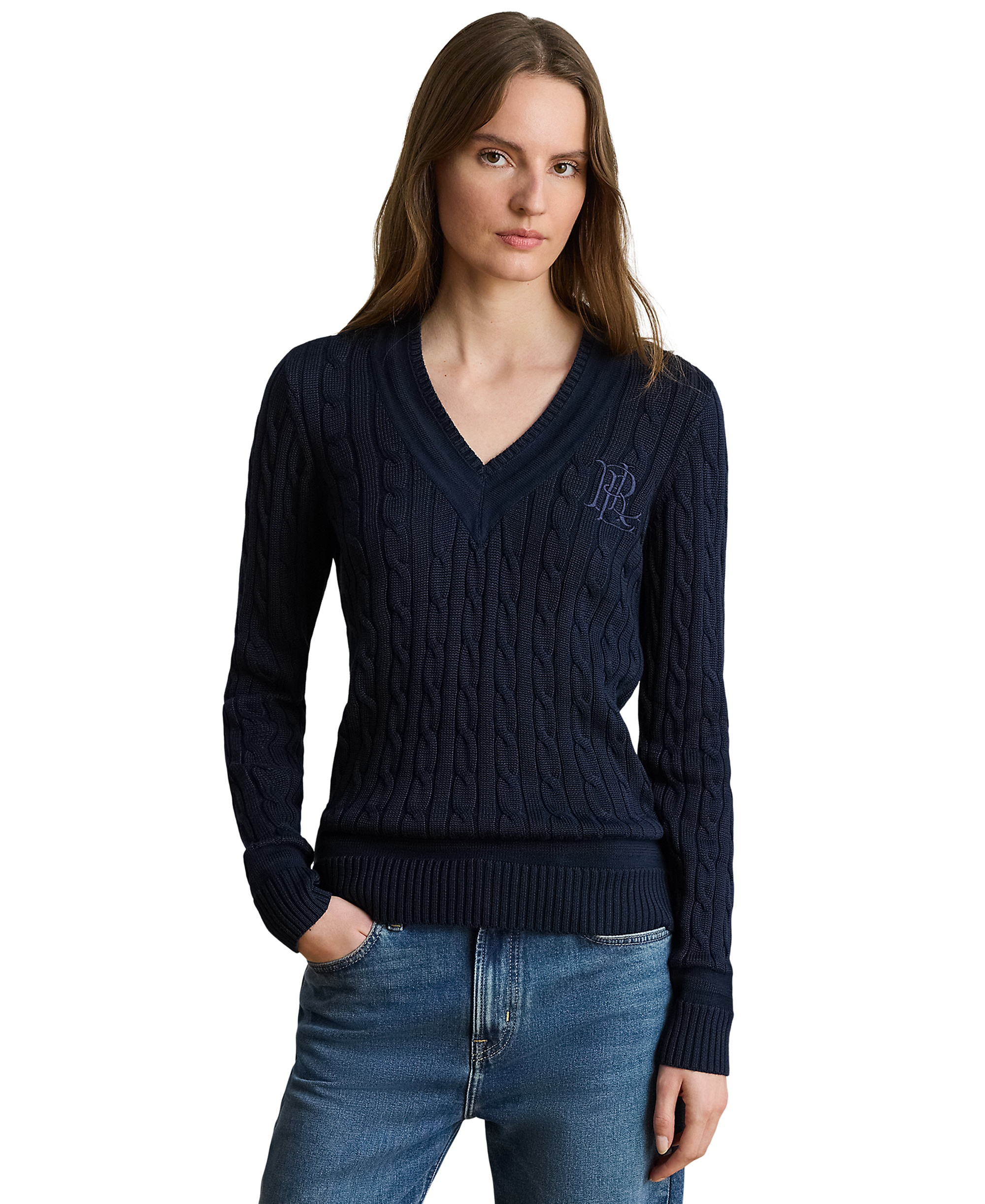 Lauren Ralph Lauren Women's Long-Sleeve V-Neck Cable Knit Sweater - Lauren Navy