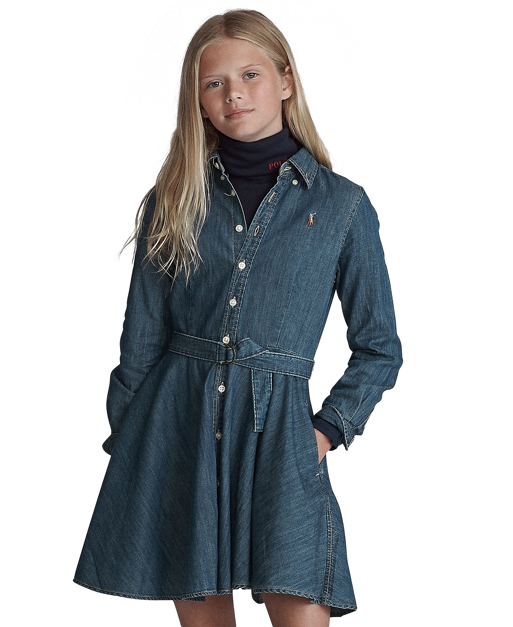 Polo Ralph Lauren Big Girls Belted Denim Cotton Shirtdress - Indigo