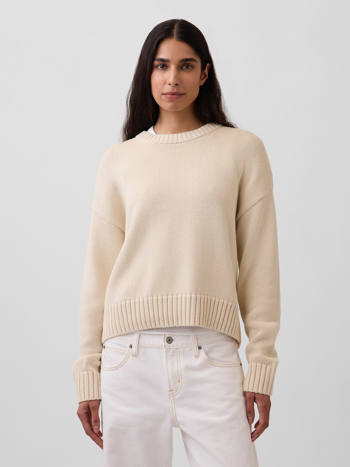 100% Cotton Oversized Crop Sweater - Chino beige