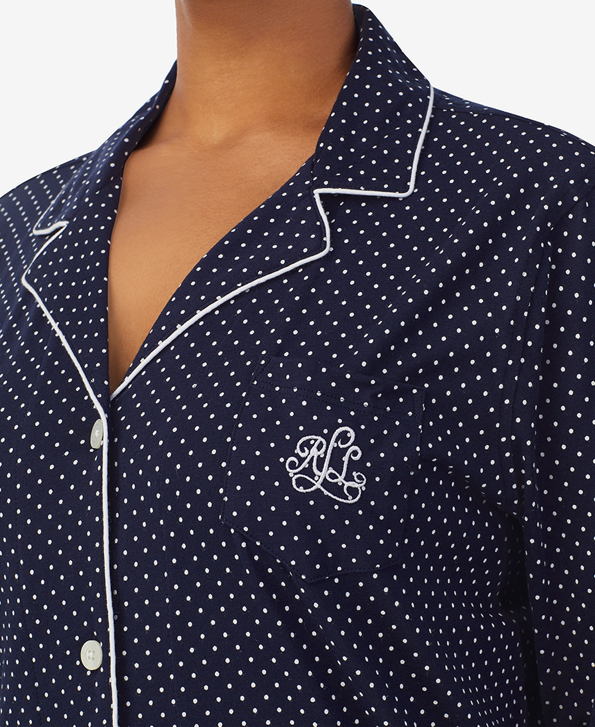 Lauren Ralph Lauren Womens 3/4 Sleeve Cotton Notch Collar Capri Pant Pajama Set - Navy Dot