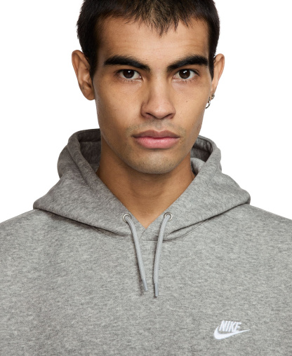 Nike Men's Club Pullover Fleece Hoodie Logo - Dark Gray Heather/White