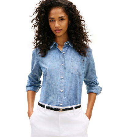 Tommy Hilfiger Women's Chambray Roll-Tab Long-Sleeve Shirt - Mid Blue