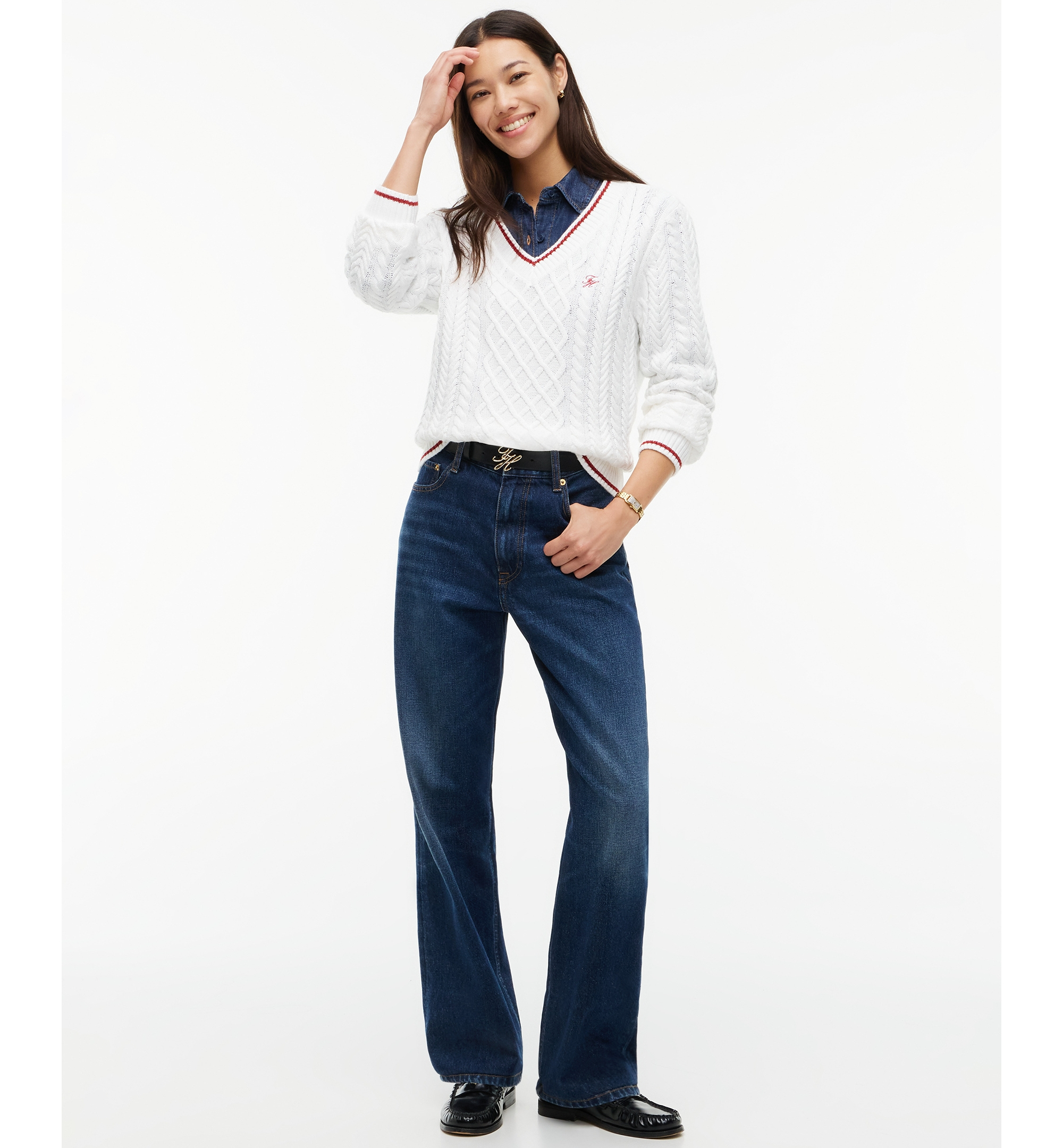 Tommy Hilfiger Women's Cable-Knit V-Neck Sweater - Ecru