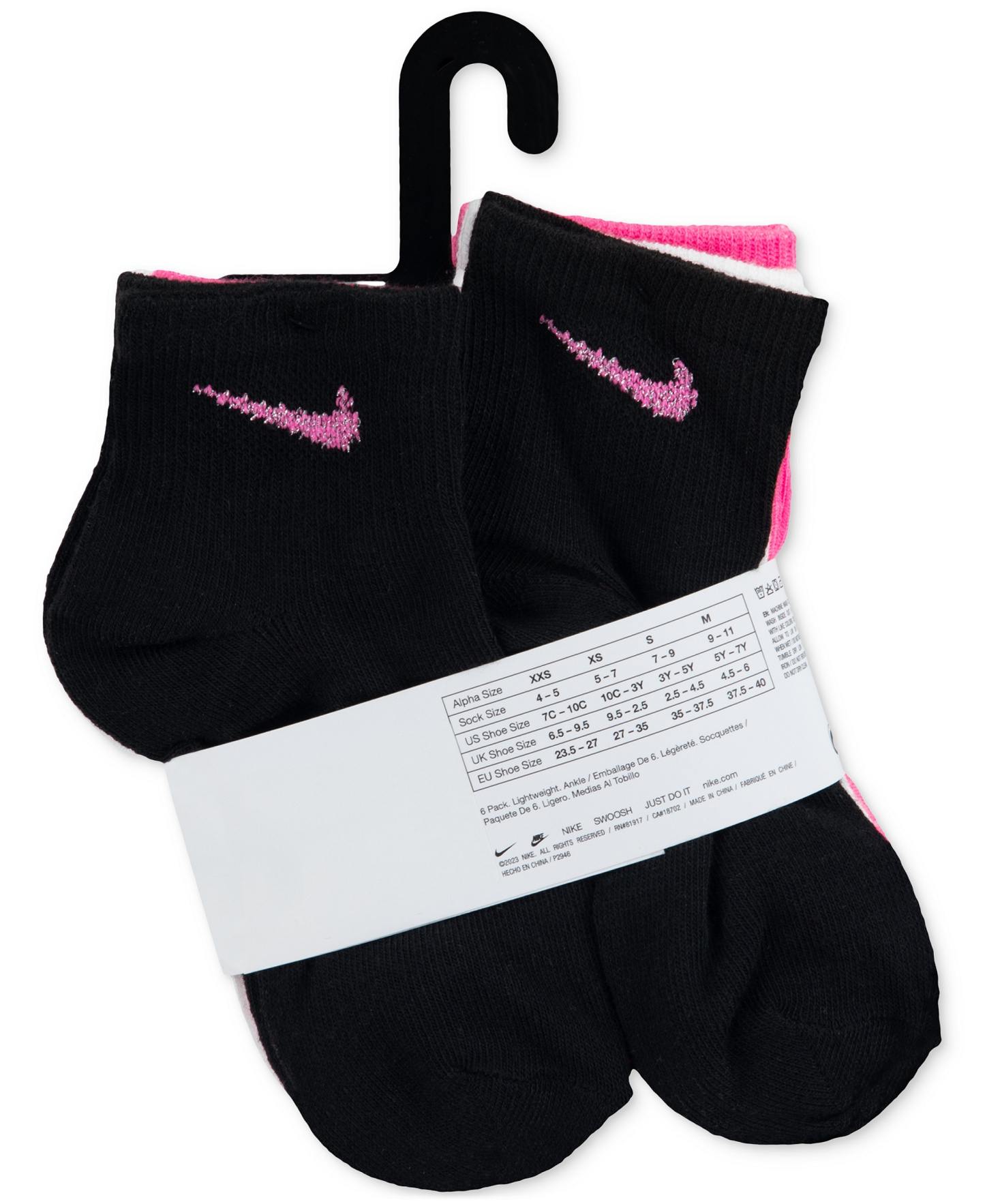 Nike Girls' 4-7 Metallic Swoosh Quarter Socks, 6-Pack - Pink/White/Black