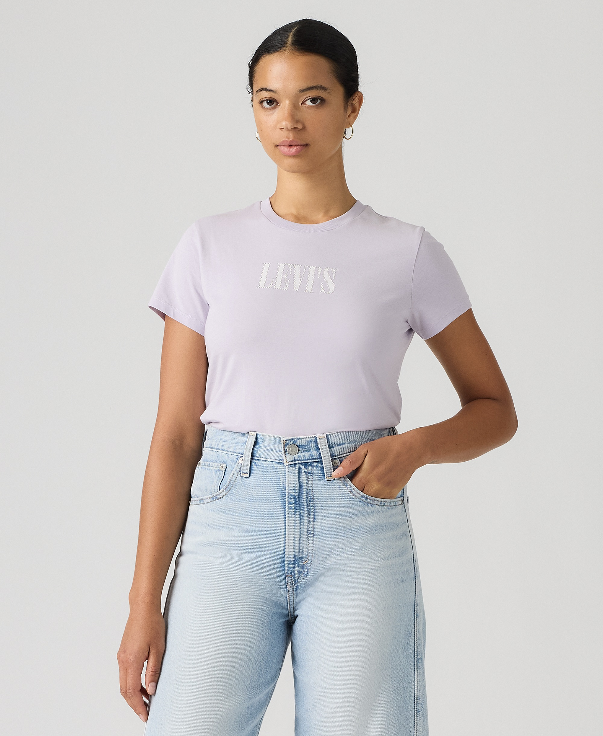 Levi's Women's Perfect Graphic Logo Cotton T-Shirt - Serif Stud Outline Lavender Blue