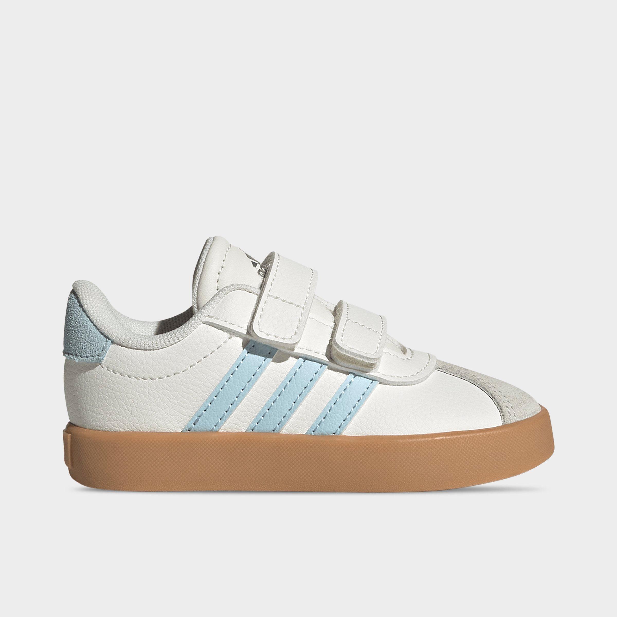 Kids' Toddler adidas VL Court 3.0 Hook-And-Loop Casual Shoes - Core White/Ice Blue/Gum - Left shoe facing left. Outside of the shoe.