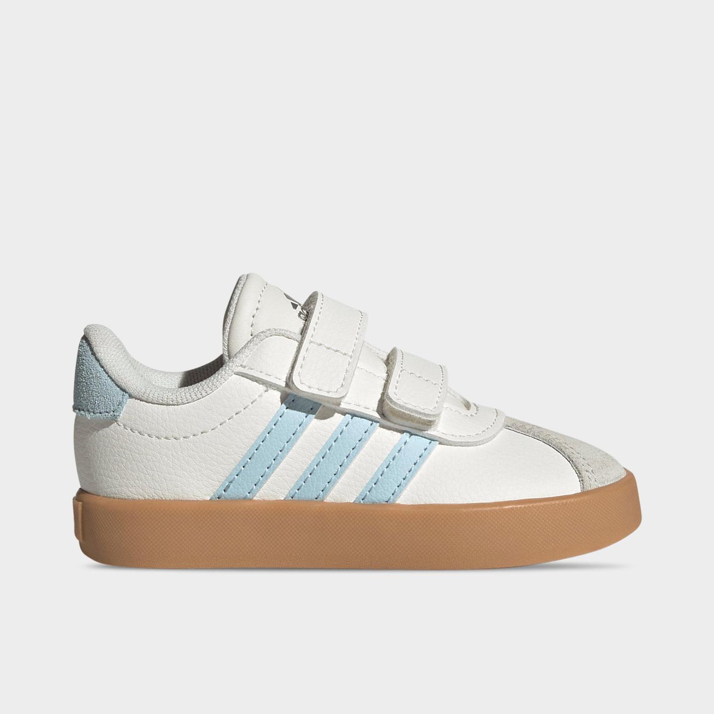 Kids' Toddler adidas VL Court 3.0 Hook-And-Loop Casual Shoes - Core White/Ice Blue/Gum - Left shoe facing left. Outside of the shoe.