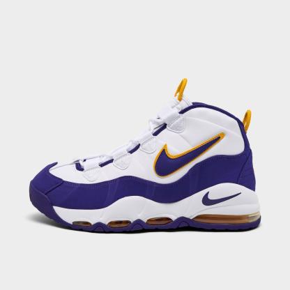 Men's Nithtke Air Max Uptempo Basketball Shoes - White/Court Purple/White/University Gold - Left shoe facing left. Outside of the shoe.