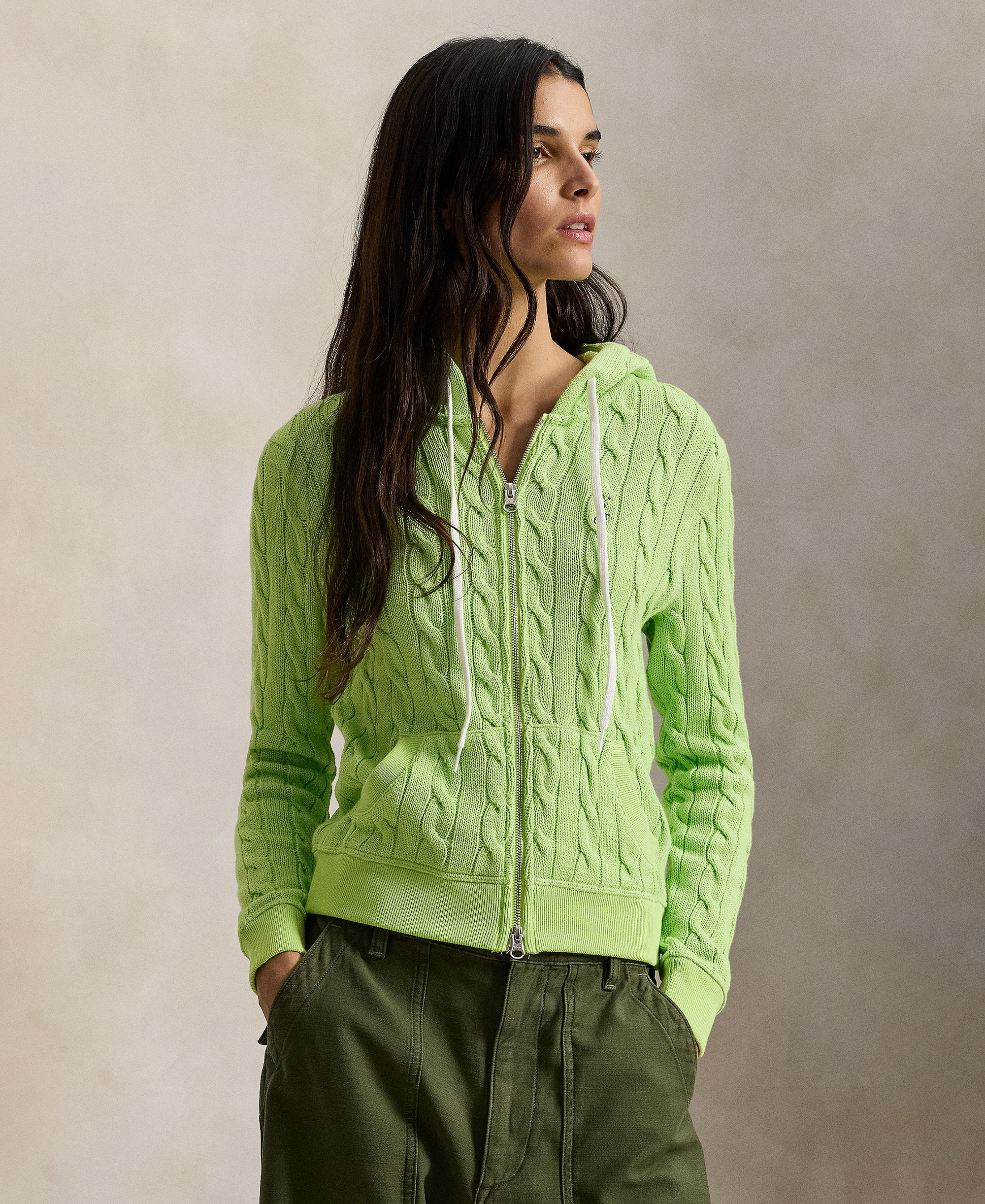 Polo Ralph Lauren Women's Cable-Knit Cotton Full-Zip Hoodie Sweater - Apple Green