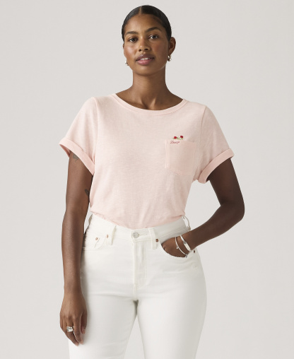 Levi's Women's Graphic Julie Pocket Crewneck Cotton T-Shirt - Red Flower Pocket Crystal Pink