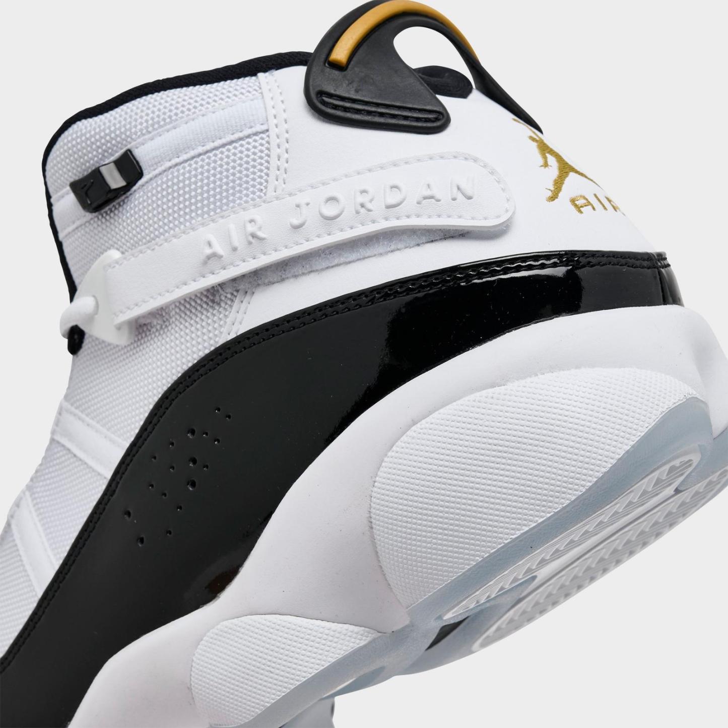 Men's Air Jordan 6 Rings Basketball Shoes - White/Black/Gold - Left shoe facing left. Outside of the shoe. - view 3