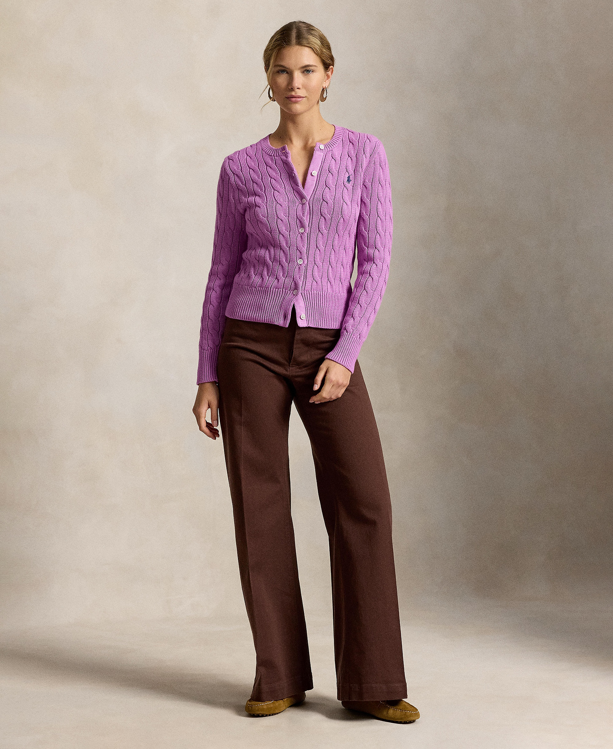Polo Ralph Lauren Women's Cable-Knit Cotton Crewneck Cardigan Sweater - Thistle Pink