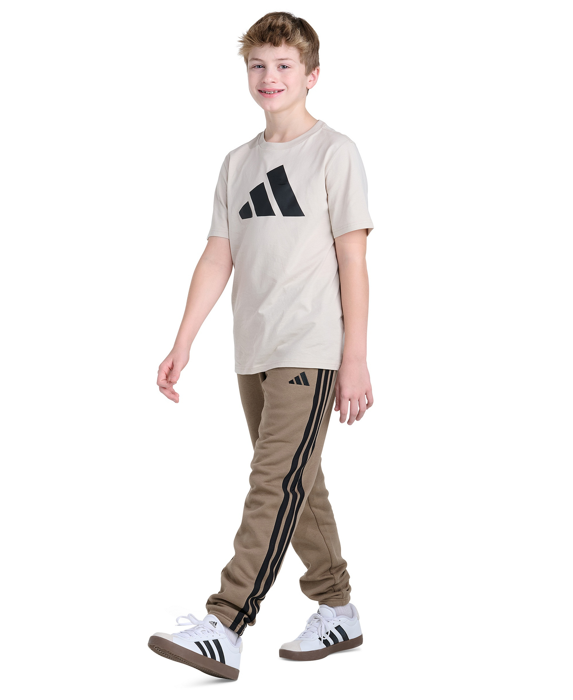 adidas Boys' 8-20 Essential 3-Stripe Fleece Cuffed Jogger Pants - Khaki Six