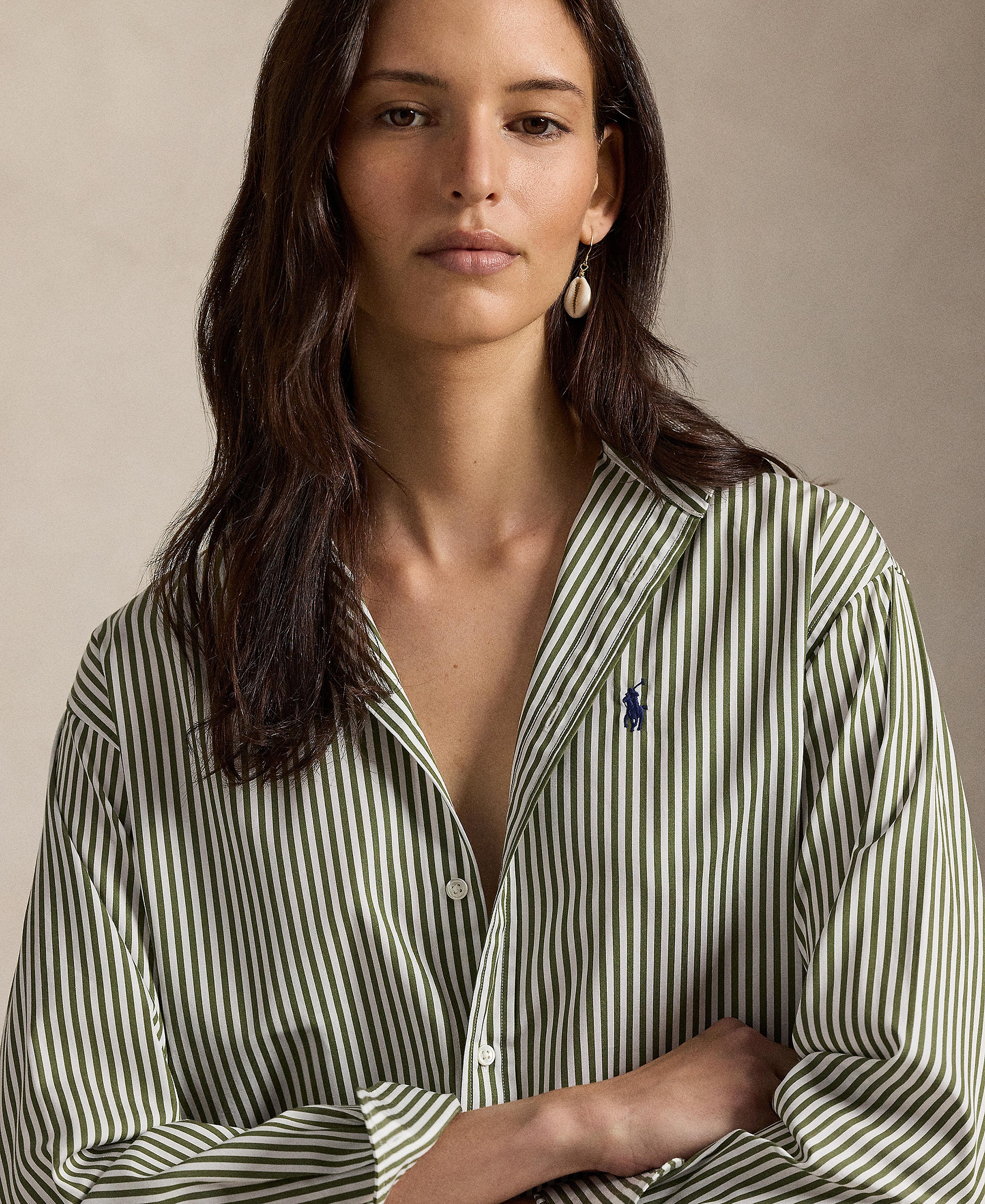 Polo Ralph Lauren Women's Relaxed-Fit Striped Cotton Shirt - Supply Olive/White