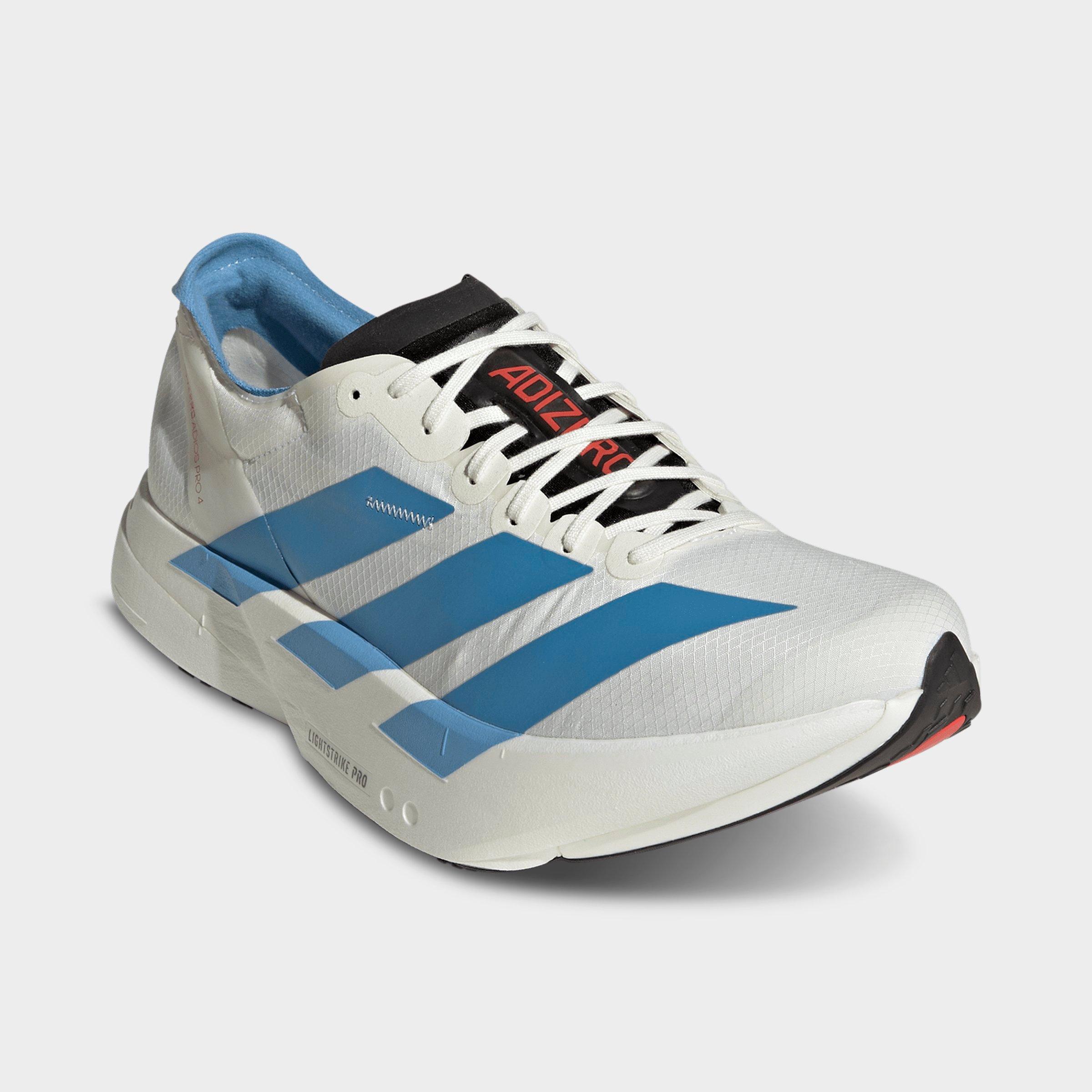 Men's adidas Adizero Adios Pro 4 Running Shoes - Off White/Light Blue/Bright Red - Both shoes facing left