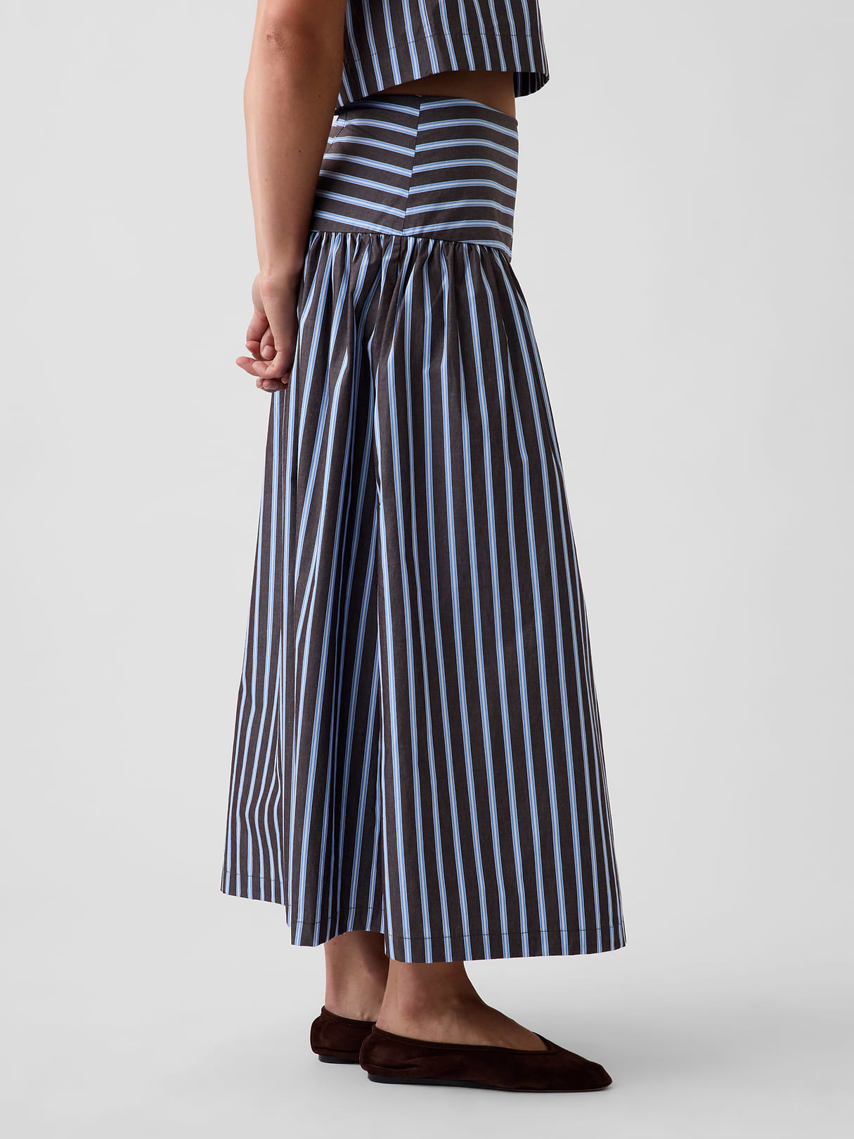 Poplin Drop-Waist Maxi Skirt - Blue & brown stripe